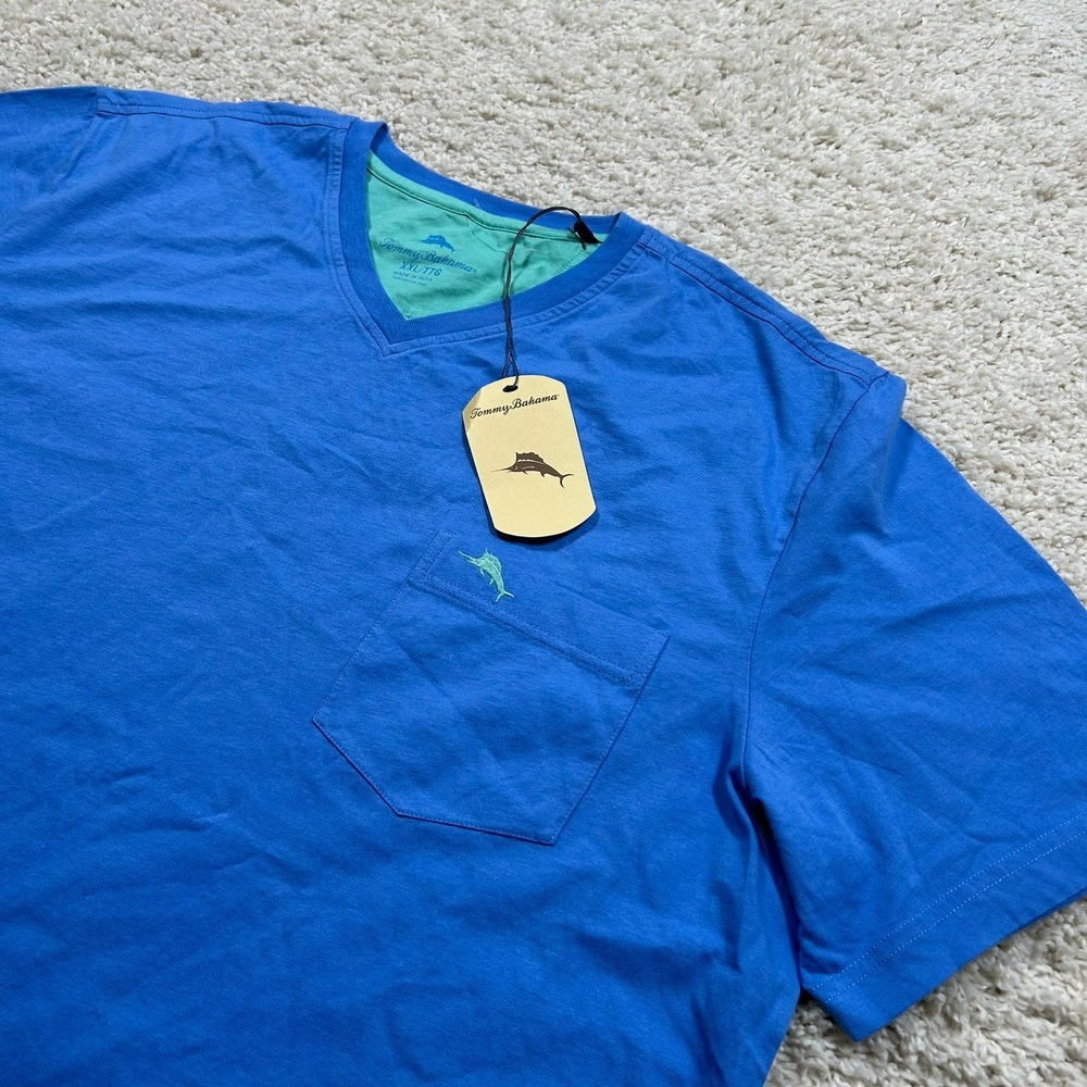 Tommy Bahama T-Shirt XXL New Blue Opal V-Neck Pocket Marlin Cotton New with Tags